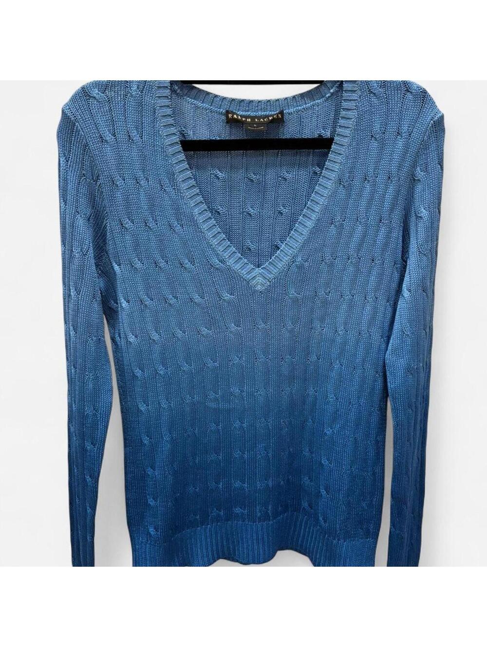 Ralph Lauren Black Label Cable-Knit V-Neck Sweater in Blue, 100% silk